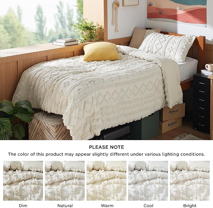 Bedsure Twin/Twin XL Comforter Set Dorm Bedding - Beige Boho Bedding Comforter Set, 2 Pieces Farmhouse Shabby Chic Embroidery Bed Set, Soft Jacquard Tufted Comforter for College - LeafyLoom