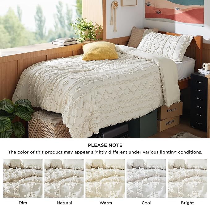 Bedsure Twin XL Comforter Set Dorm Bedding - Beige Boho Twin Extra Long Bedding Comforter Set, 2 Pieces Farmhouse Shabby Chic Embroidery Bed Set, Soft Jacquard Tufted Comforter for College - LeafyLoom
