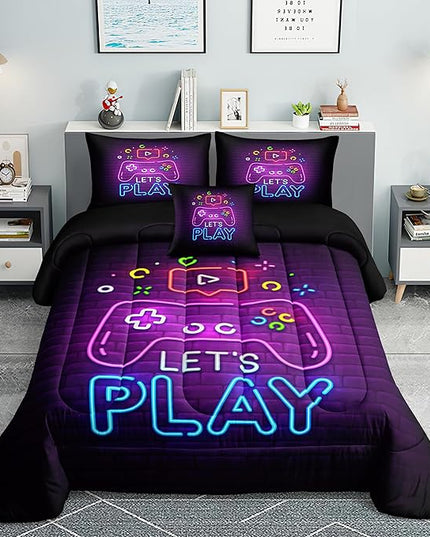 Gamer Comforter Sets,6 PCS Gaming Bedding Set for Boys,Kids Comforter Sets for Boys,Twin Comforter Sets for Boys,Bed in A Bag with Sheets(Twin,Pink Color) - LeafyLoom