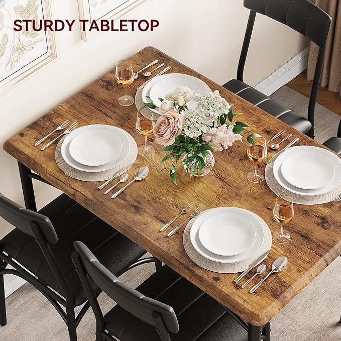 Dining Table Set for 4, Kitchen Table and Chairs, Rectangular Dining Room Table Set with 4 Upholstered Chairs, 5 Piece Kitchen Table Set for Small Space, Apartment, Retro Brown - LeafyLoom