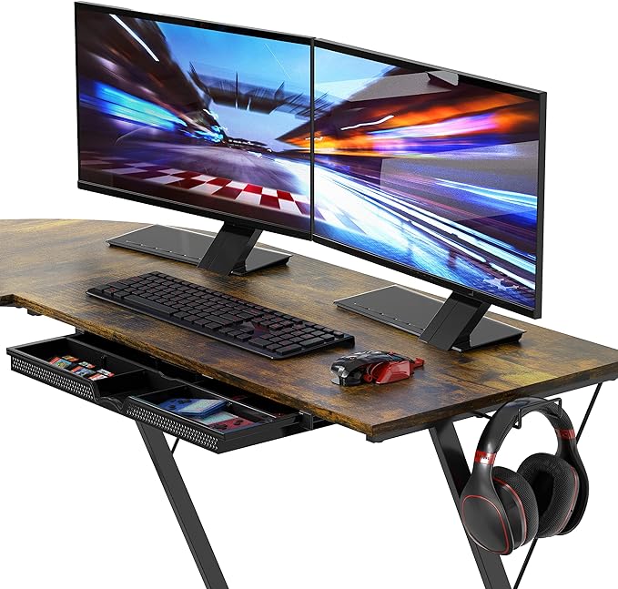 SHW Vista L-Shape Desk with Monitor Stand, Rustic Brown - LeafyLoom