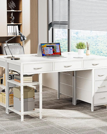Computer Desk with 6 Drawers, 47 Inch Office Desk with Shelves, Reversible Gaming Desk, Corner Desk with Storage, Work Desk for Home Office, Study, Living Room, White - LeafyLoom