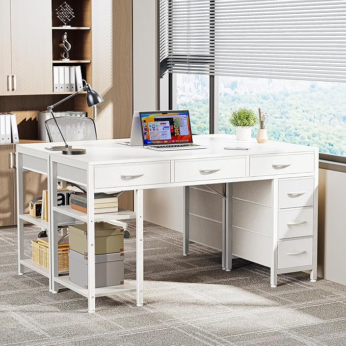 Computer Desk with 6 Drawers, 47 Inch Office Desk with Shelves, Reversible Gaming Desk, Corner Desk with Storage, Work Desk for Home Office, Study, Living Room, White - LeafyLoom