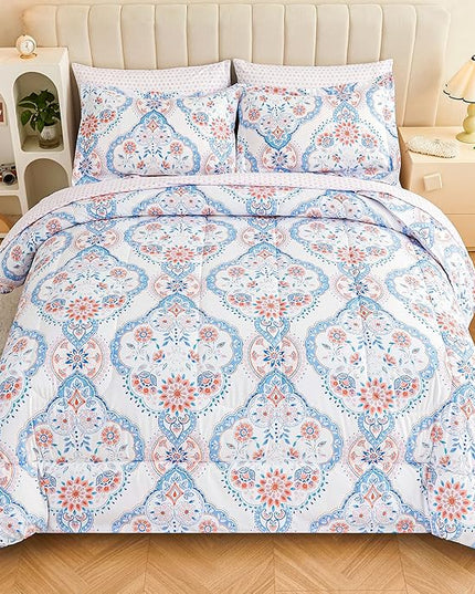 Printed Queen Bedding Sets with Comforter and Sheets, Lightweight Boho Floral 7 Piece Bed in A Bag Comforter Set for Women, Pink and Blue Mandala Flower Pattern - LeafyLoom