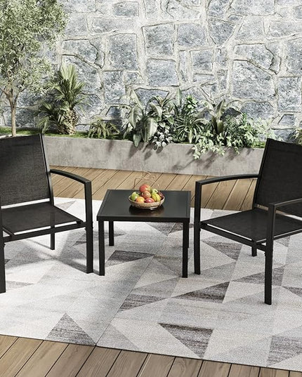 Greesum 3 Pieces Patio Furniture Set Outdoor Conversation Textilene Fabric Chairs for Lawn, Garden, Balcony, Poolside with A Glass Coffee Table, Black - LeafyLoom