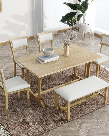 Dining Table Set for 6, Farmhouse 6-Piece Trestle Dining Room Table Set with Upholstered Dining Chairs and Bench, Kitchen Table Set for Dining Room, Brown+Beige - LeafyLoom
