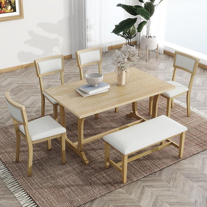 Dining Table Set for 6, Farmhouse 6-Piece Trestle Dining Room Table Set with Upholstered Dining Chairs and Bench, Kitchen Table Set for Dining Room, Brown+Beige - LeafyLoom