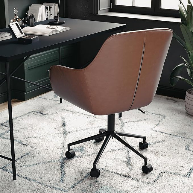 Martha Stewart Rayna Swivel Task Chair with Flared Arms for Home Office in Saddle Brown Faux Leather with Oil Rubbed Bronze Frame - LeafyLoom
