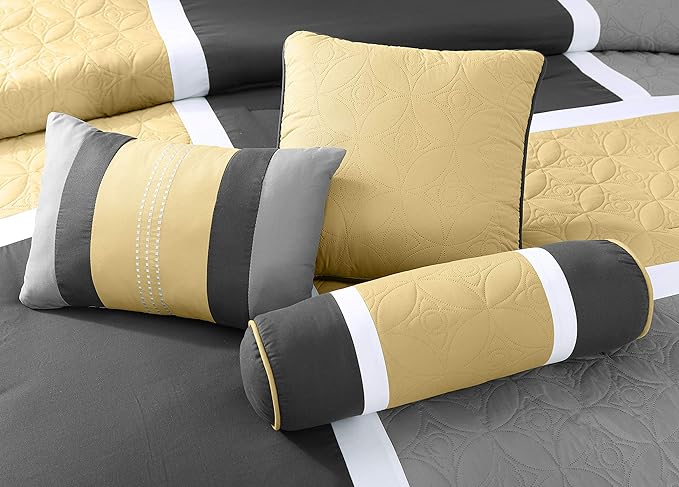 Chezmoi Collection Upland 7-Piece Quilted Patchwork Comforter Set, Yellow/Charcoal/Gray, King - LeafyLoom