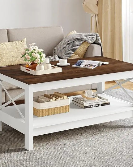YITAHOME Coffee Table for Living Room,Modern Farmhouse Coffee Table with Storage,2-Tier Center Table for Living Room Wood Living Room Table Accent Cocktail with Sturdy Frame,Brown - LeafyLoom