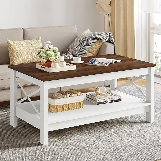 YITAHOME Coffee Table for Living Room,Modern Farmhouse Coffee Table with Storage,2-Tier Center Table for Living Room Wood Living Room Table Accent Cocktail with Sturdy Frame,Brown - LeafyLoom