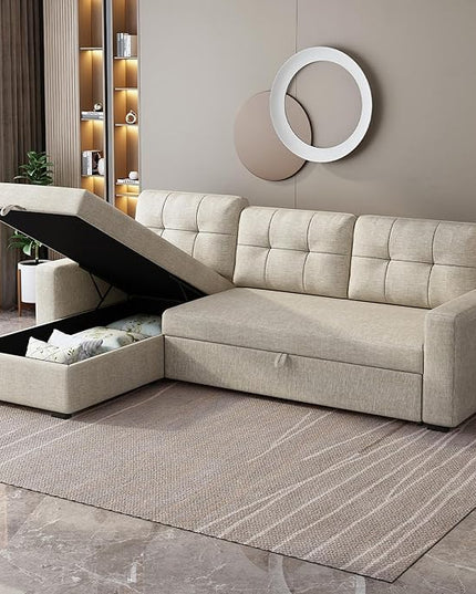 Upholstered Pull Out Sectional Sofa with Storage Chaise,Convertible Linen Corner Couch w/ 3 Movable Back Cushions,L-shaped Reversible Sleeper Sofa Bed,for Living Room Apartment,Beige - LeafyLoom