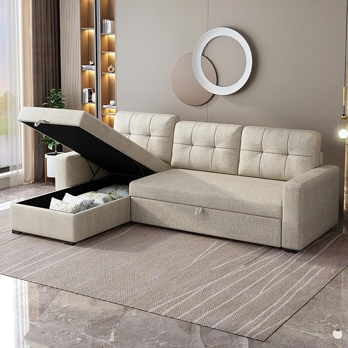 Upholstered Pull Out Sectional Sofa with Storage Chaise,Convertible Linen Corner Couch w/ 3 Movable Back Cushions,L-shaped Reversible Sleeper Sofa Bed,for Living Room Apartment,Beige - LeafyLoom