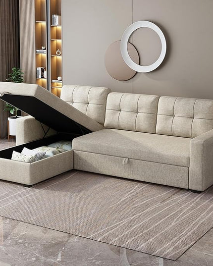 L-Shape Upholstered Sectional Sofa with Storage Chaise & Pull,Convertible Couch W/ 3 Back Cushions,Reversible Sleeper for Living Room Office Apartment,Beige, 81.5", Beige1 - LeafyLoom