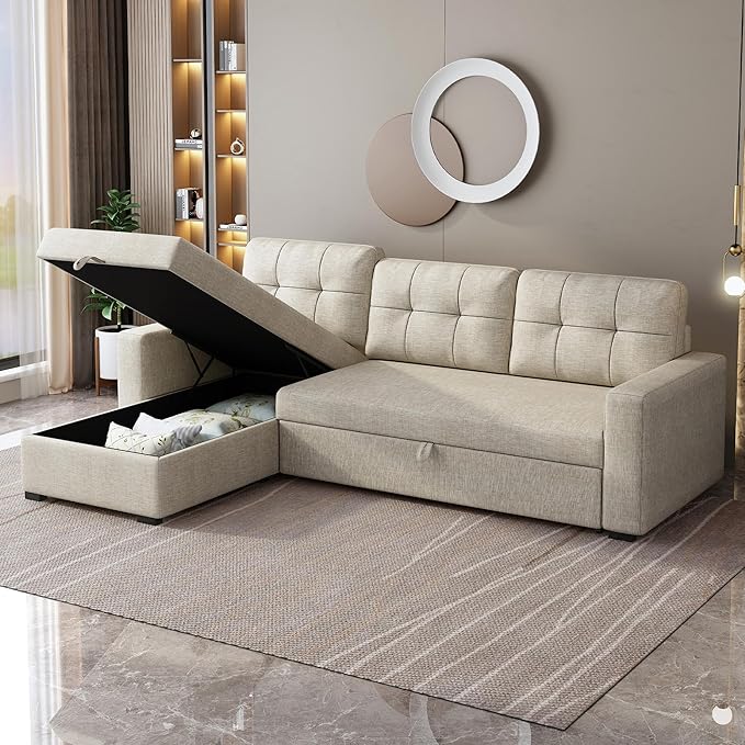 L-Shape Upholstered Sectional Sofa with Storage Chaise & Pull,Convertible Couch W/ 3 Back Cushions,Reversible Sleeper for Living Room Office Apartment,Beige, 81.5", Beige1 - LeafyLoom