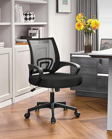 Yaheetech Office Chair Ergonomic Computer Chair Mid Back Adjustable Desk Chair with Lumbar Support Armrest, Swivel Rolling Mesh Task Gaming Chair for Home Office Work Study, Black - LeafyLoom