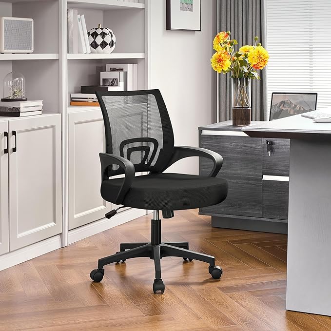 Yaheetech Office Chair Ergonomic Computer Chair Mid Back Adjustable Desk Chair with Lumbar Support Armrest, Swivel Rolling Mesh Task Gaming Chair for Home Office Work Study, Black - LeafyLoom
