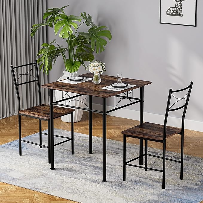 3-Piece Kitchen Dining Room Table Set for Small Spaces，Iron Wood Square Table with 2 Chairs for Kitchen Dining Room Furniture - LeafyLoom