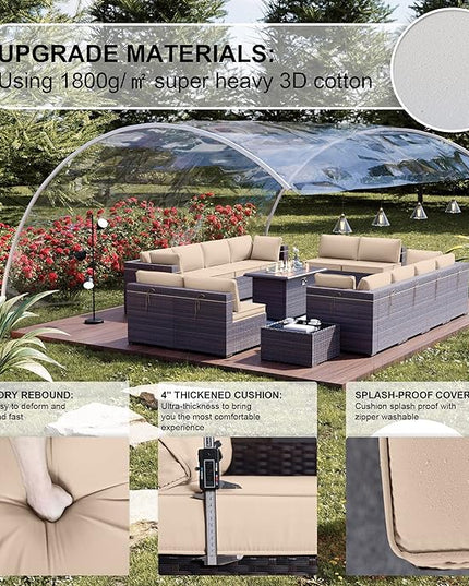 Kullavik 15 Pieces Outdoor Patio Furniture Set with 43" 55000BTU Gas Propane Fire Pit Table PE Wicker Rattan Sectional Sofa Patio Conversation Sets,Khaki - LeafyLoom