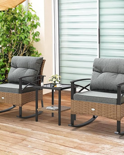 YITAHOME 3-Piece Outdoor Rocking Chair Bistro Set, Patio Wicker Rocking Chair Conversation Set with Glass Coffee Table & Soft Cushions for Balcony, Lawn and Porch Poolside (Light Brown+Gray) - LeafyLoom