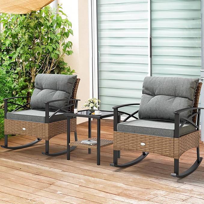 YITAHOME 3-Piece Outdoor Rocking Chair Bistro Set, Patio Wicker Rocking Chair Conversation Set with Glass Coffee Table & Soft Cushions for Balcony, Lawn and Porch Poolside (Light Brown+Gray) - LeafyLoom