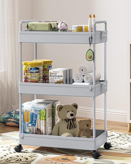 Ronlap 3 Tier Classic Storage Rolling Cart, Slim Storage Cart with Wheels Slide Out Storage Rolling Cart Organizer Plastic Utility Carts for Bathroom Laundry Room Kitchen Office Narrow Place, Grey - LeafyLoom