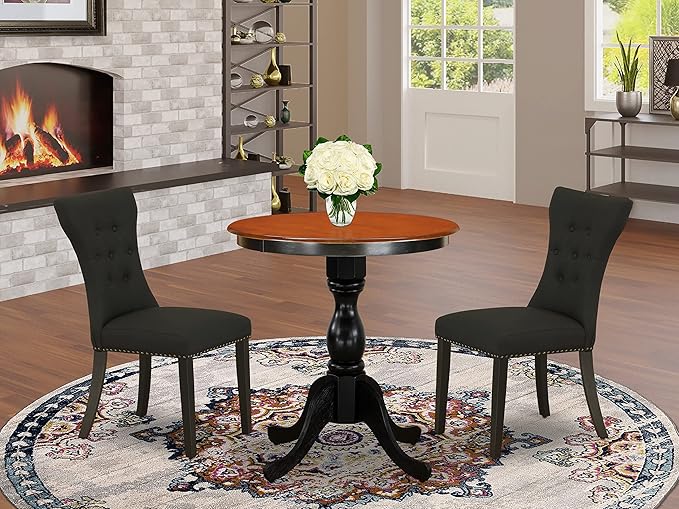 East West Furniture ESGA3-BCH-24 Eden 3 Piece Kitchen Set for Small Spaces Contains a Round Dining Room Table with Pedestal and 2 Linen Fabric Padded Chairs, 30x30 Inch, Black & Cherry - LeafyLoom