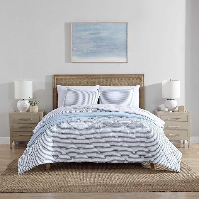 Nautica - Twin Comforter Set, Luxuriously Soft Seersucker Textured Bedding with Matching Sham, Wrinkle-Free Striped Home Decor, Dorm Room Essentials (Windsor Blue, Twin) - LeafyLoom