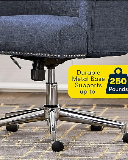 Serta Leighton Modern Office Chair, Stylish Mid-Back Desk Chair, Rivet Detail, Serta Quality Memory Foam, Armchair with Wheels, Vanity Chair, Swivel Chrome Metal Base, Twill Fabric, Blue - LeafyLoom