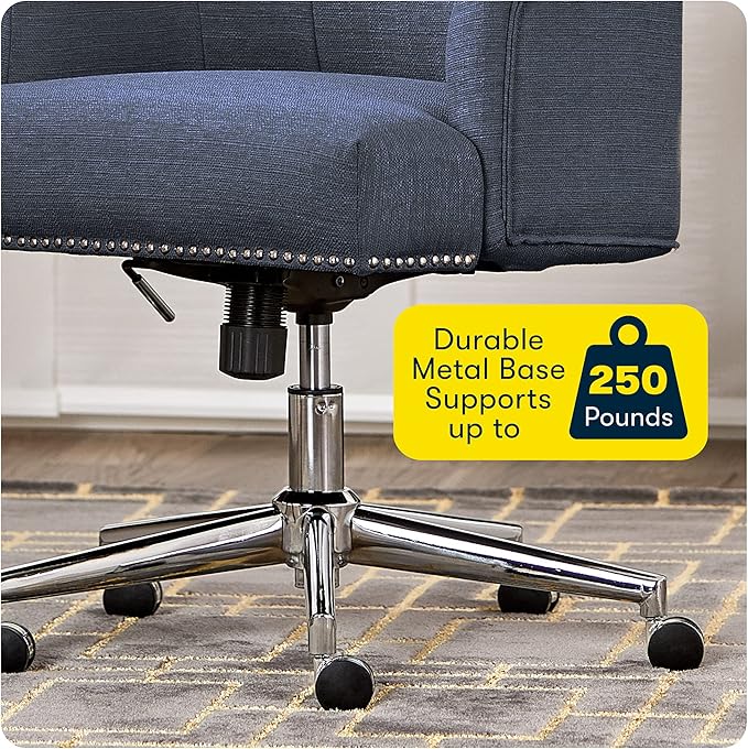 Serta Leighton Modern Office Chair, Stylish Mid-Back Desk Chair, Rivet Detail, Serta Quality Memory Foam, Armchair with Wheels, Vanity Chair, Swivel Chrome Metal Base, Twill Fabric, Blue - LeafyLoom