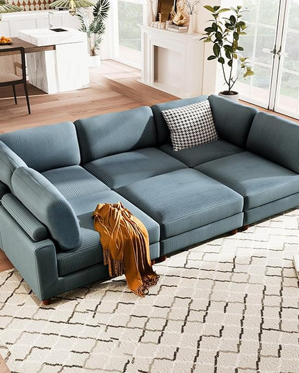 163.8" Large L Shaped Modular Sectional Sofa with Ottoman, 6-Seater Upholstered Combination Corner Couch for Living Room Office Spacious Space Furniture Sets, Blue, 163.8 Inch - LeafyLoom