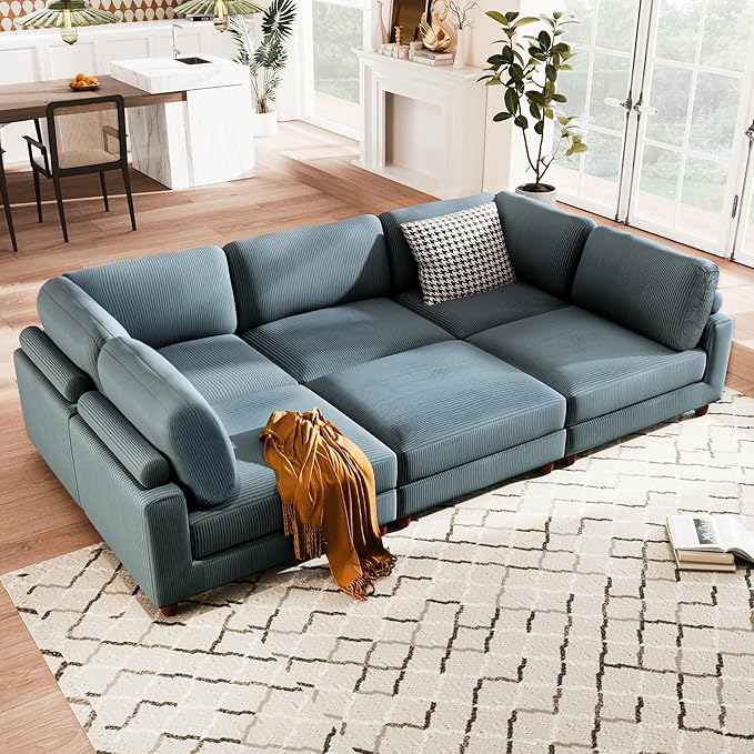 163.8" Large L Shaped Modular Sectional Sofa with Ottoman, 6-Seater Upholstered Combination Corner Couch for Living Room Office Spacious Space Furniture Sets, Blue, 163.8 Inch - LeafyLoom
