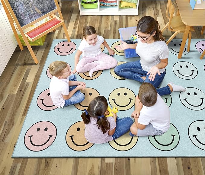 Flagship Carpets Schoolgirl Style Pastel Rainbow Smileys Criss-Cross Applesauce Educational Area Rug for Kids Room, Children's Classroom for Teaching and Playroom, 7'6" x 12', Multi, Seats 28 - LeafyLoom