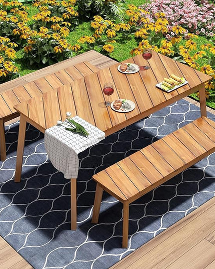 3-Pieces Patio Dining Set with Acacia Wood Tabletop and 2 Benches, Outdoor & Indoor Table and Chairs Furniture for Picnic Barbecue, Porch, Garden, Poolside, Onesize, Natural - LeafyLoom