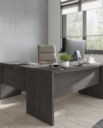 Bush Business Furniture Echo L Shape Desk with Wire Management | Corner Bow Front Table for Home Office with Quick-to-Assemble Hardware, 60W, Charcoal Maple - LeafyLoom