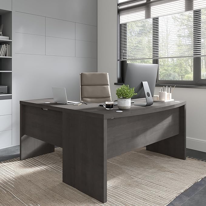 Bush Business Furniture Echo L Shape Desk with Wire Management | Corner Bow Front Table for Home Office with Quick-to-Assemble Hardware, 60W, Charcoal Maple - LeafyLoom