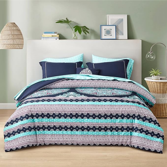 Degrees of Comfort Blue Twin XL Complete Comforter Sets, Boho Mandala Bed in A Bag,Microfiber Bedding Set with Side Pockets, Matching Decorative Pillow, 6 Piece Navy - LeafyLoom