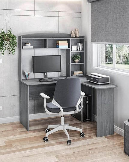 Techni Mobili Modern Hutch L-Shaped Computer Desk, Grey - LeafyLoom