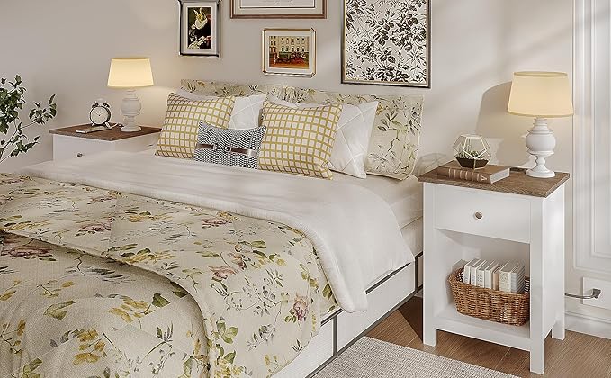 ChooChoo Farmhouse Nightstand Set of 2,Night Stand with Charging Station, Wooden Top Bedside End Table with Drawer and Storage Space for Bedroom, White - LeafyLoom