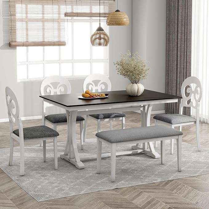 6-Piece Mid-Century Dining Set for 6, Trestle Table and 4 Elegant Victorian Round Back Chairs & Bench, for Kitchen Living Room, Gray+Antique White, 59.8" L x 35.8" W x 30" H - LeafyLoom