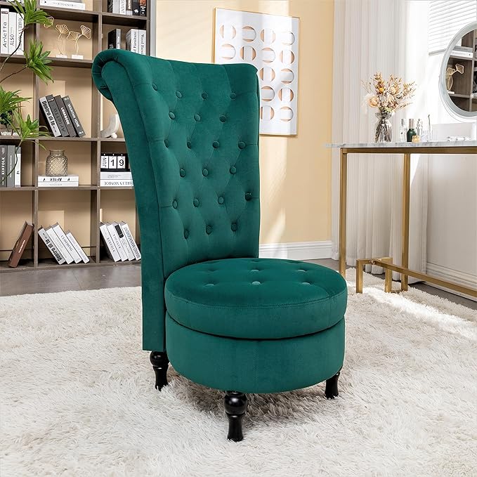 Royal High-Back Velvet Accent Chair for Vanity with Storage and Luxurious Upholstery, Retro Design and Versatile Usage for Living Room, Bedroom, Lounge and Office, Green - LeafyLoom