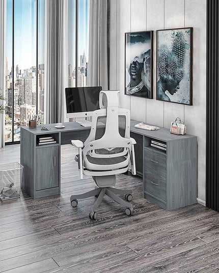 Techni Mobili Functional L-Shaped Computer Desk with storage, L is ⁠59.5" wide x 59.5" Long, Grey - LeafyLoom