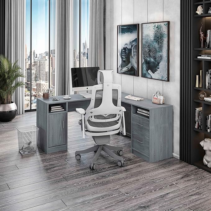 Techni Mobili Functional L-Shaped Computer Desk with storage, L is ⁠59.5" wide x 59.5" Long, Grey - LeafyLoom