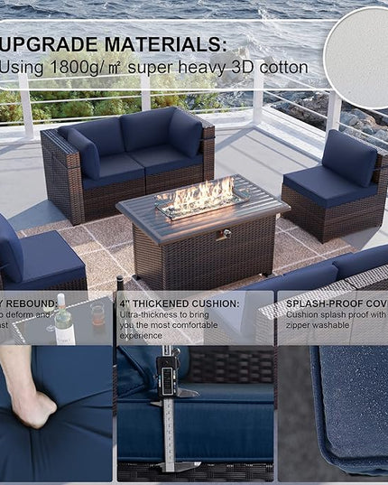 Kullavik 8 Pieces Outdoor Patio Furniture Set with 43" 55000BTU Gas Propane Fire Pit Table PE Wicker Rattan Sectional Sofa Patio Conversation Sets,Dark Blue - LeafyLoom
