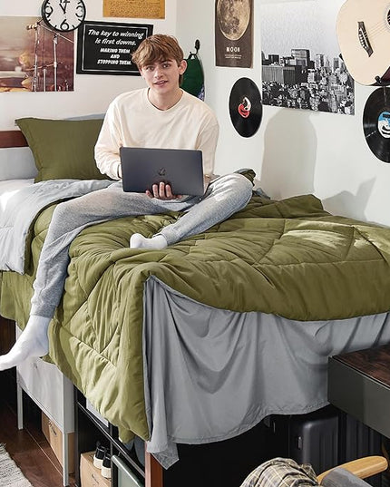 Bedsure Olive Green Twin Comforter Set - 5 Pieces Reversible Twin Bed in a Bag, Extra Long Twin Bed Set with Comforters, Sheets, Pillowcase & Sham, Twin Bedding Sets for College - LeafyLoom