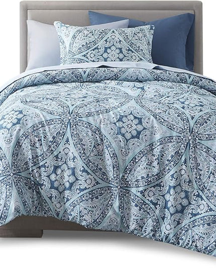 Comfort Spaces Bed in A Bag - Trendy Casual Design Cozy Comforter with Complete Sheet Set with Side Pocket, All Season Cover, Matching Shams, Twin XL(66 in x 90 in), Gloria, Damask Blue 6 Piece - LeafyLoom