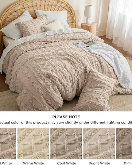 Bedsure Tufted Boho Comforter Set King - Khaki Boho Bedding Comforter Set, 3 Pieces Farmhouse Shabby Chic Embroidery Bed Set, Soft Jacquard Comforter for All Seasons - LeafyLoom