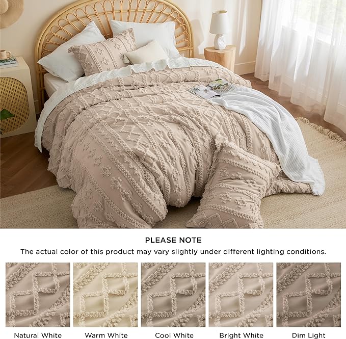 Bedsure Tufted Boho Comforter Set King - Khaki Boho Bedding Comforter Set, 3 Pieces Farmhouse Shabby Chic Embroidery Bed Set, Soft Jacquard Comforter for All Seasons - LeafyLoom