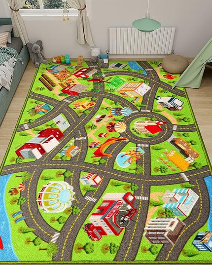 Kids Rugs Traffic Road Carpet for Car City Map Play Rug 5'×6.7' for Playroom Educational Mat Area Rug, Kid Playtime Collection Toddler Car Track Rug Cute Cartoon (City Road B, 59×78.7 in) - LeafyLoom