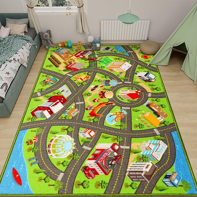 Kids Rugs Traffic Road Carpet for Car City Map Play Rug 3.3'×5' for Playroom Educational Mat Area Rug, Kid Playtime Collection Toddler Car Track Rug Cute Cartoon (City Road B, 39.4×59 in) - LeafyLoom